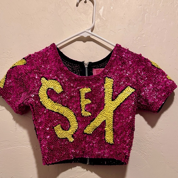 “$EX”  Discount Universe Women's Pink and Yellow Sequin Crop Shirt - Picture 1 of 6